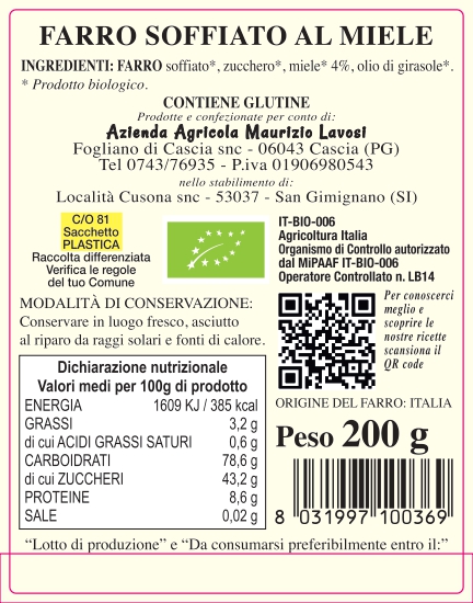 cereali lavosi Farro soffiato al miele 200g